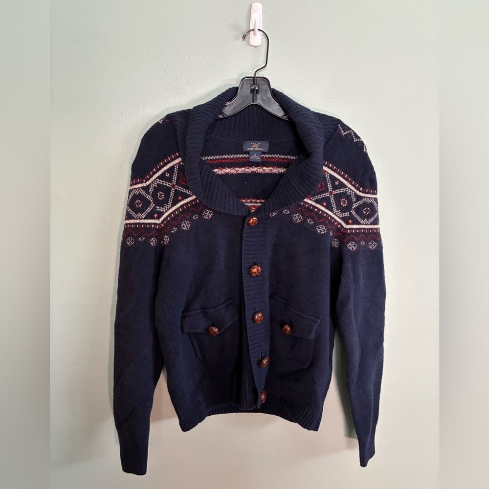 Brooks Brothers Navy Red Christmas Fair-aisle 100% Wool Sweater Cardigan Women M